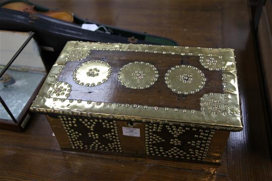 An unusual small brass mounted Zanzibar chest or work box, 18in.